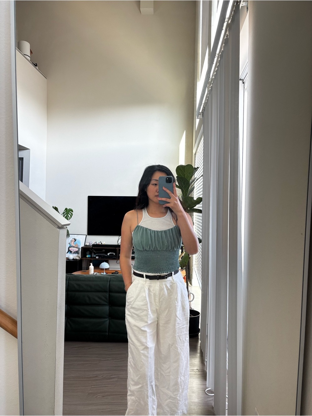 Sleeveless Ruched Tank Top in Sage Green - urban outfitters